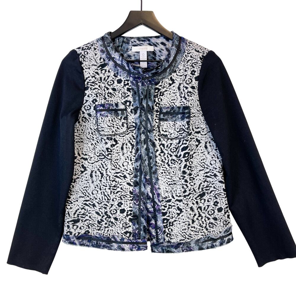 Chico’s Size 0 Printed Open Front Ponte Jacket Black White Blue